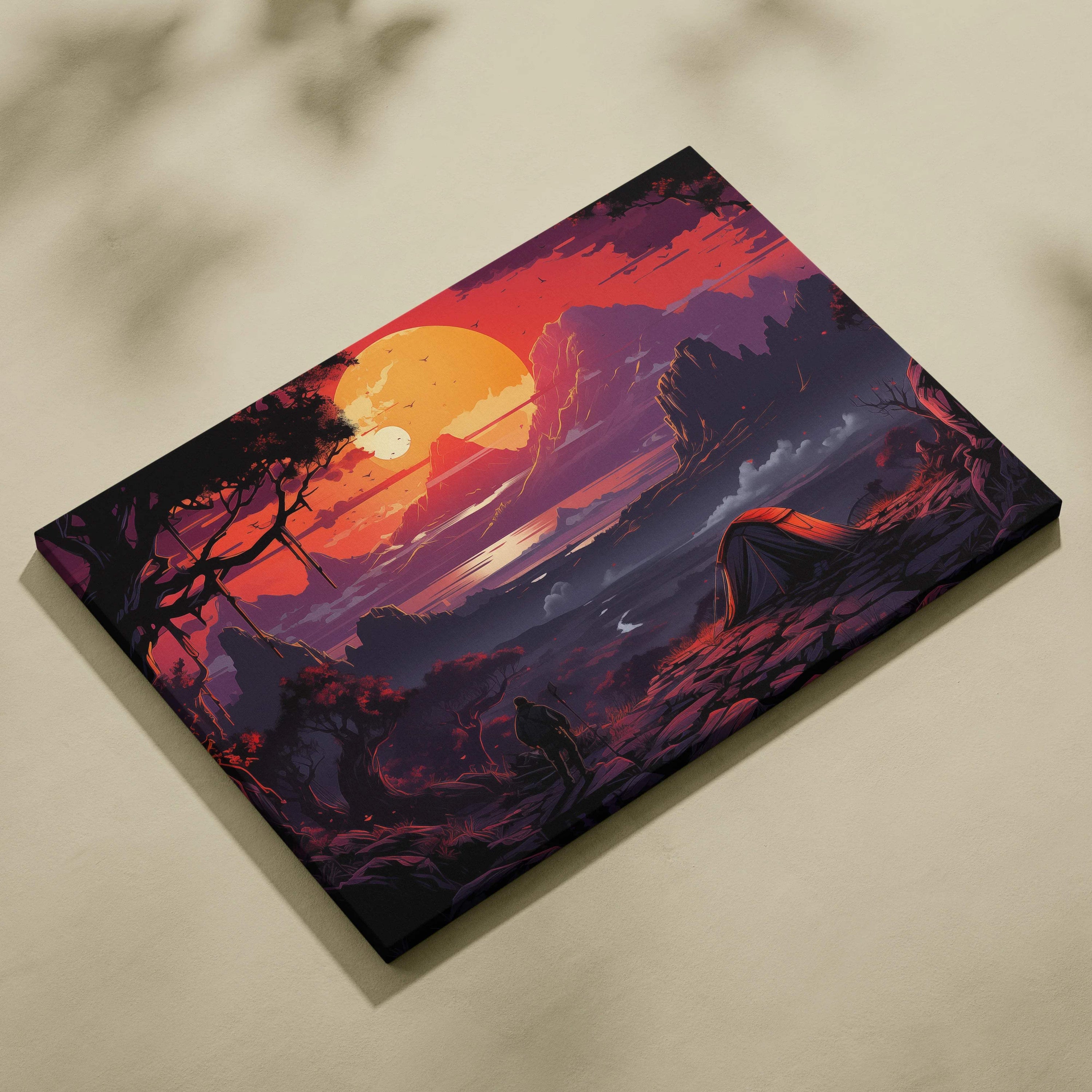 Surreal lone camper under twisted trees at crimson sunset canvas print