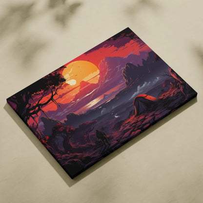 Surreal lone camper under twisted trees at crimson sunset canvas print