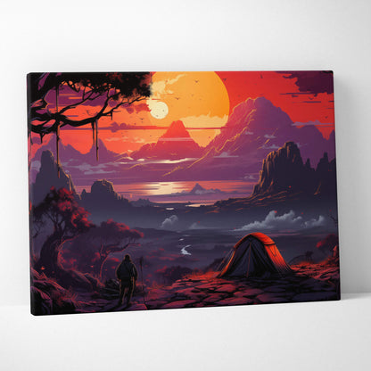 Vibrant canvas print of lone camper tent under twisted trees at crimson sunset in mountains