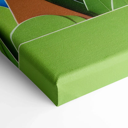 Threshold Between Two Worlds canvas wall art with vibrant green, orange geometric shapes