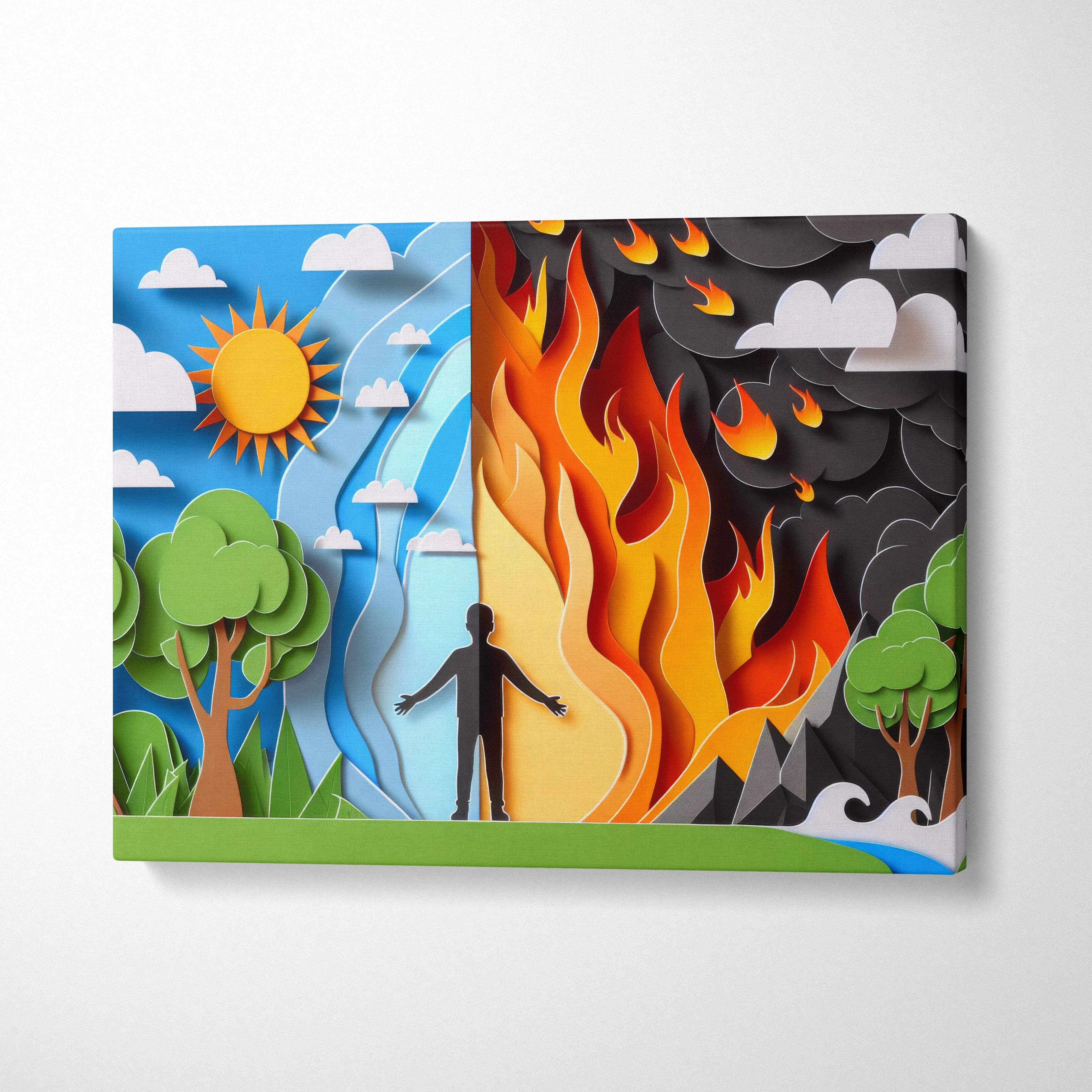 Threshold Between Two Worlds canvas wall art silhouette at edge of calm and fiery worlds