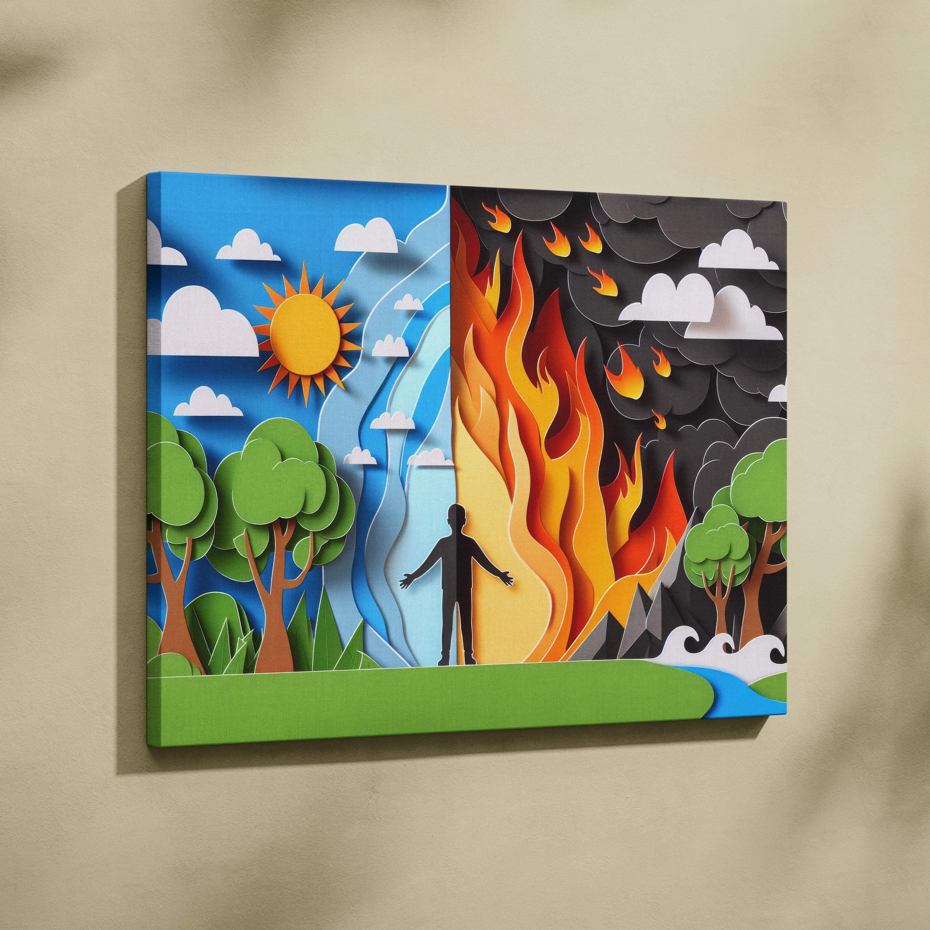 Threshold between two worlds canvas wall art silhouette at edge of calm green skies and fiery storm