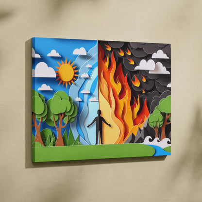 Threshold between two worlds canvas wall art silhouette at edge of calm green skies and fiery storm