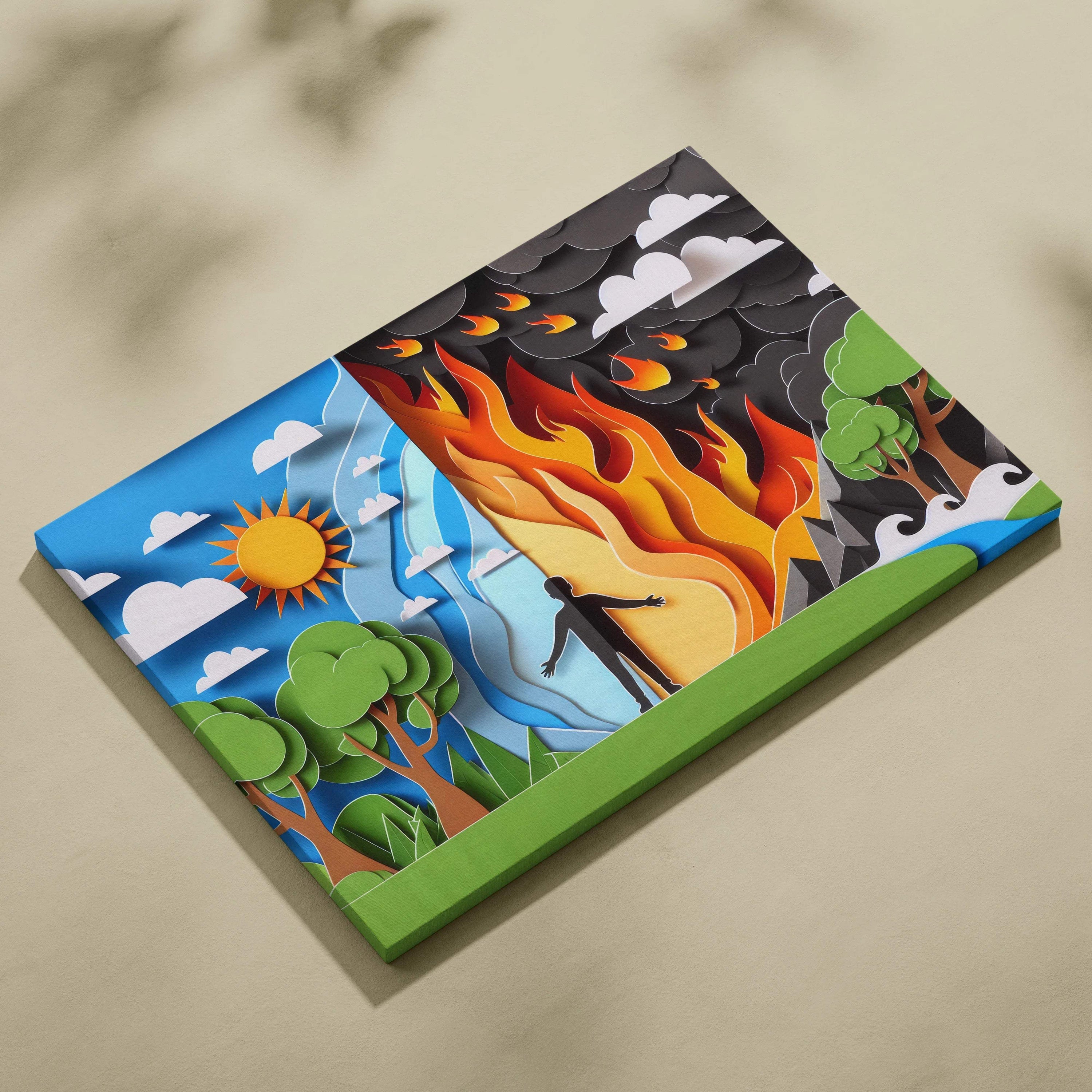 Threshold Between Two Worlds canvas art: calm green skies vs fiery storm