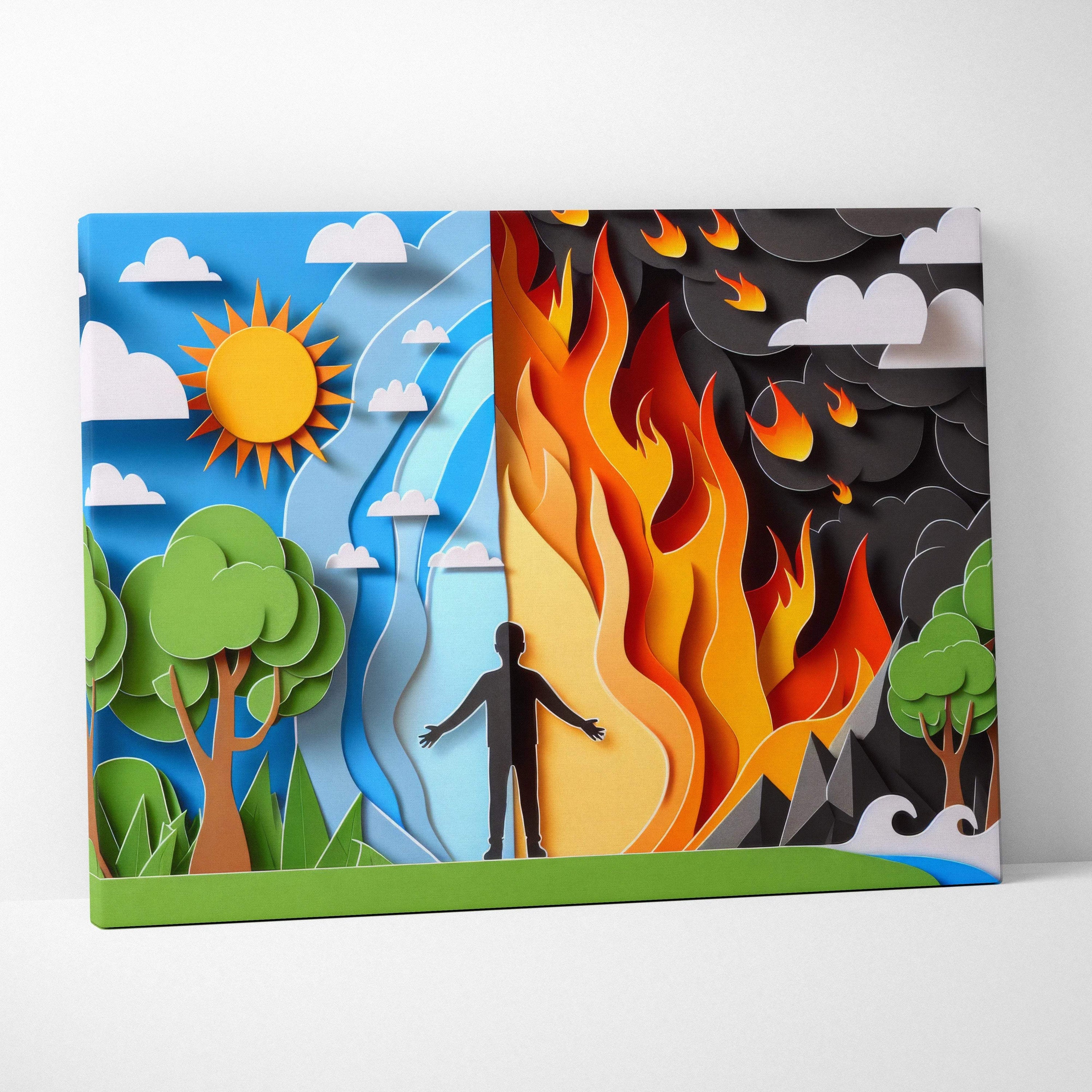 Threshold Between Two Worlds canvas wall art silhouette at edge of calm green skies and fiery storm