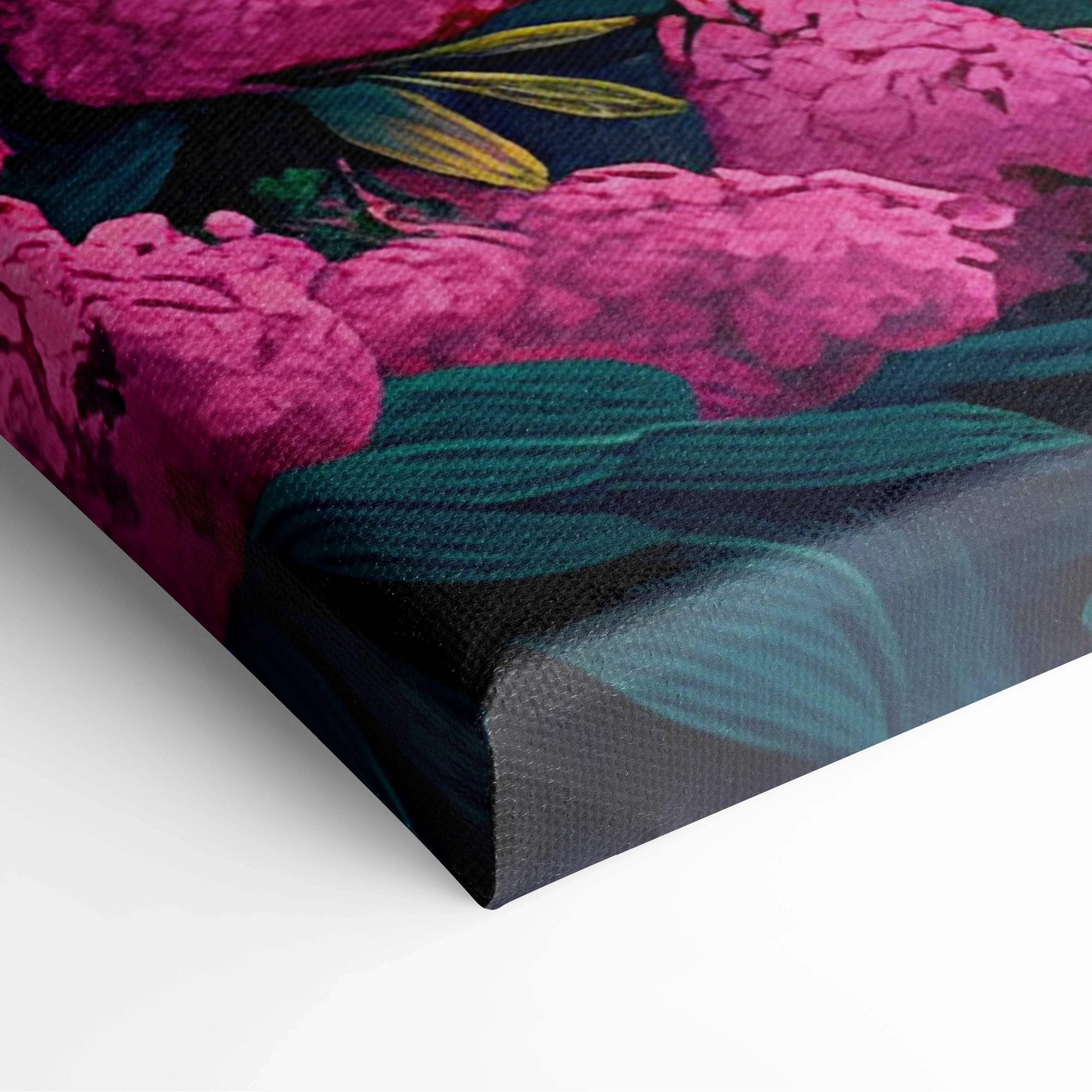 Vibrant magenta peonies and teal leaves on dreamy pink hills sunset canvas print