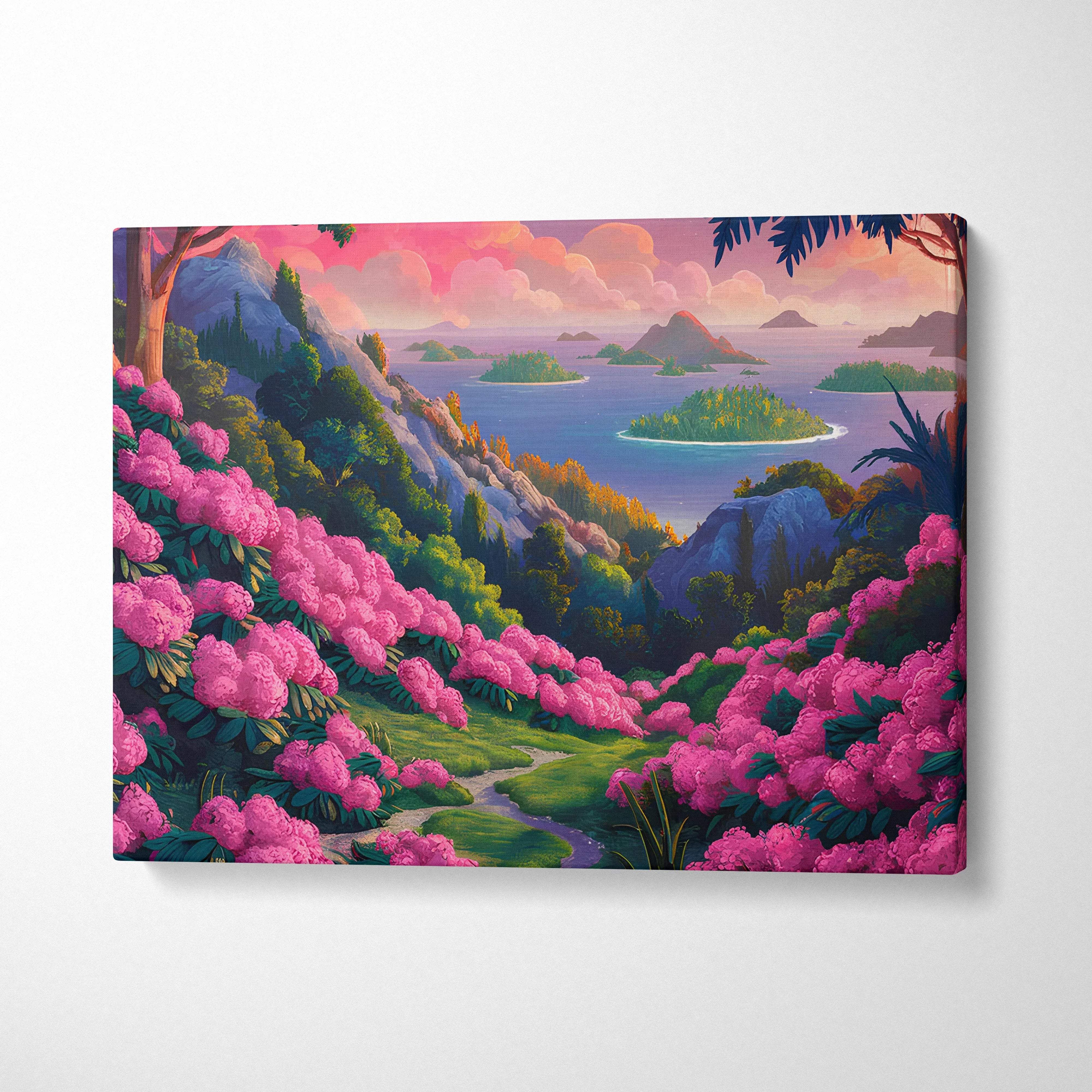 Dreamlike pink blooming hills to island sea sunset canvas print