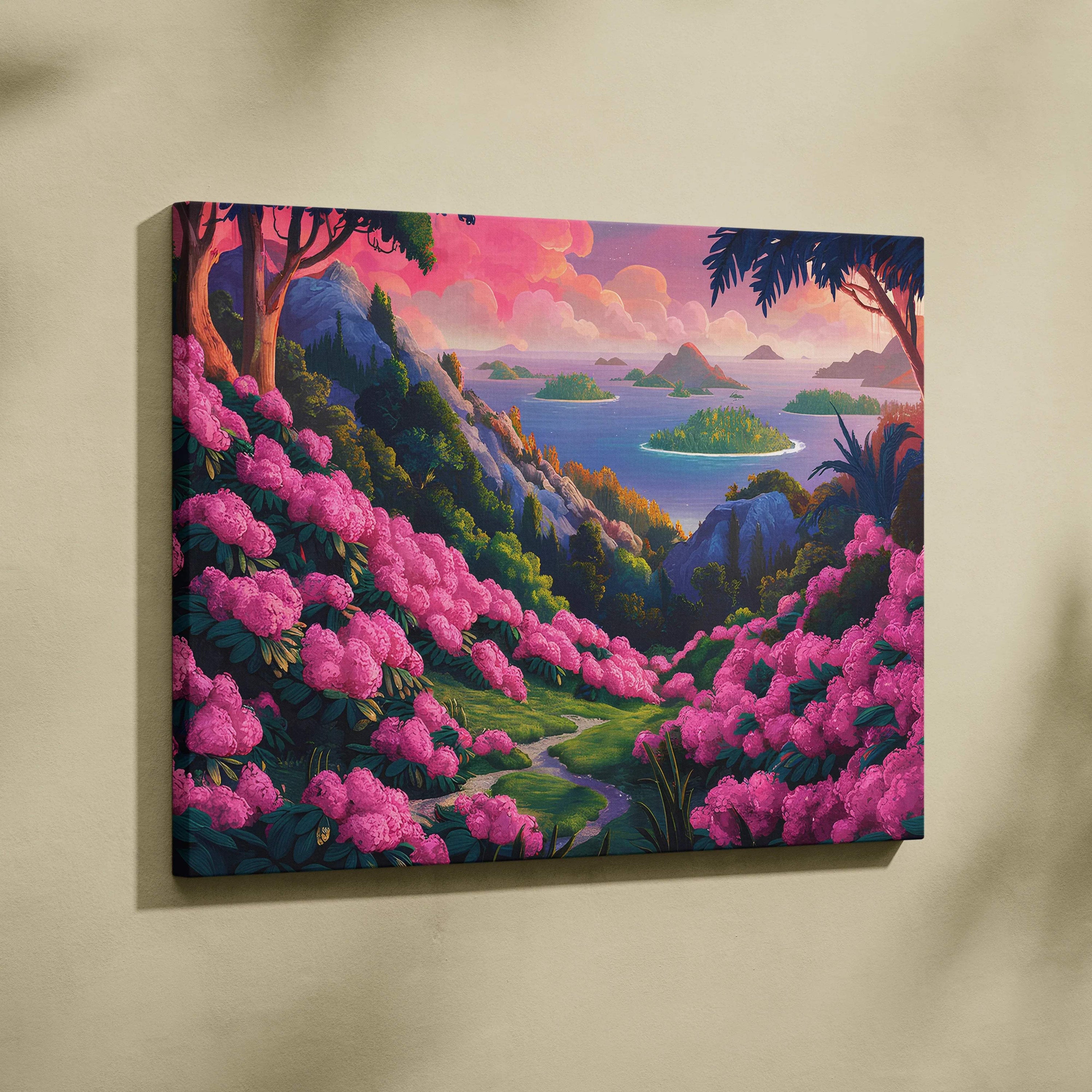 Vibrant pink rhododendron hills to island sea under dreamy sunset canvas art