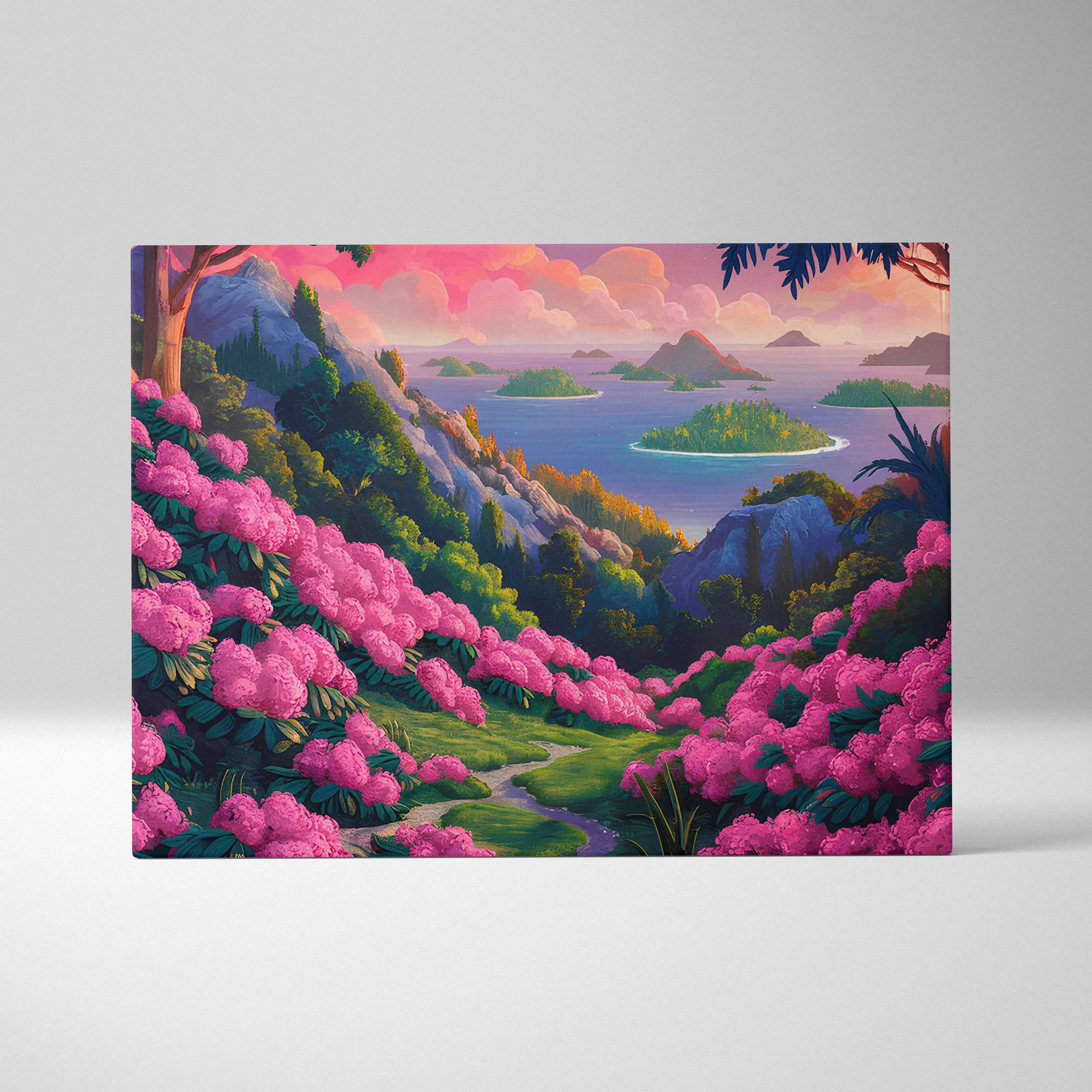 Vibrant pink rhododendron blossoms on lush green hills to island sea sunset canvas
