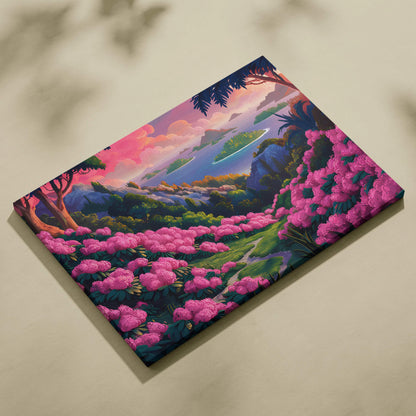 Dreamlike landscape canvas print with blooming pink hills, island sea, dreamy sunset