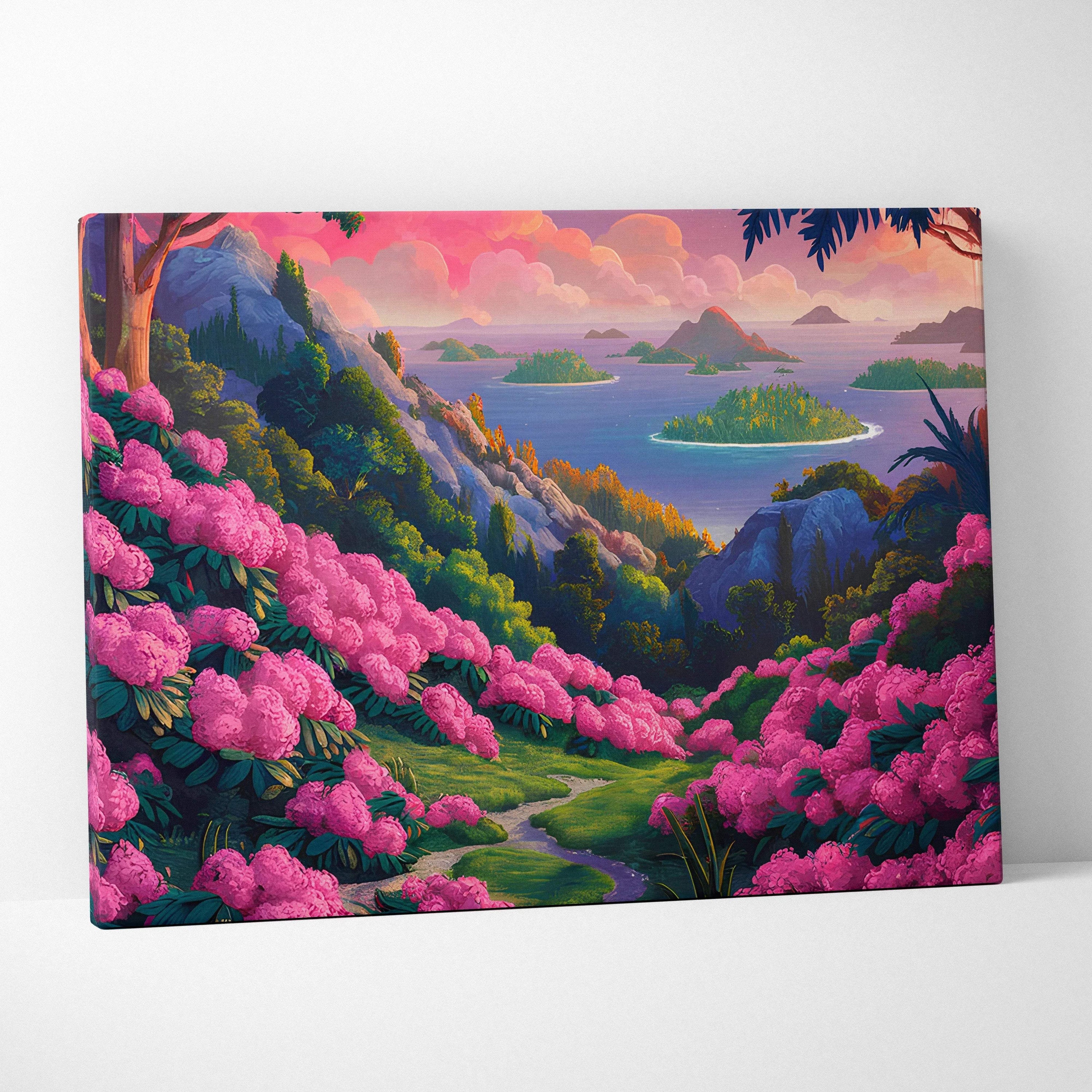 Vibrant pink rhododendron hills bloom to island sea under dreamy sunset canvas