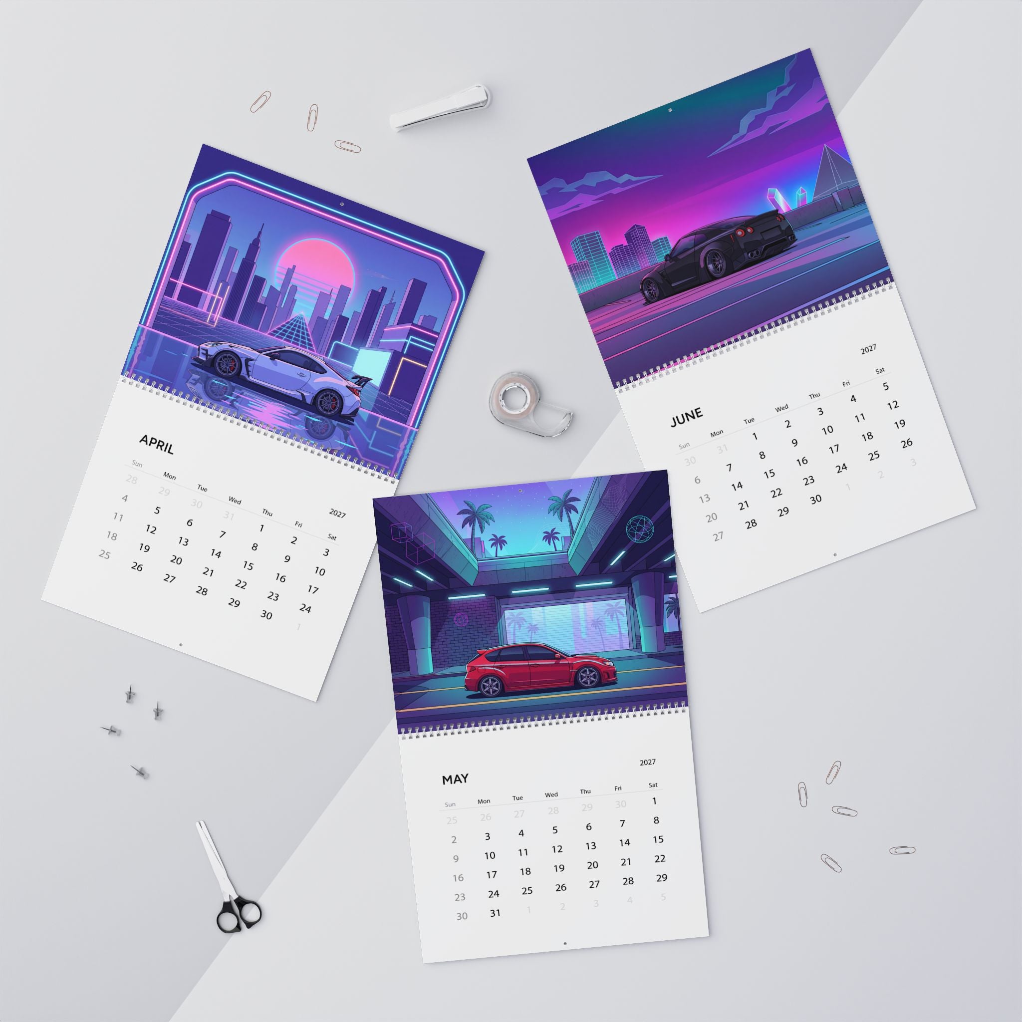 2027 JDM Vaporwave Art Calendar – Iconic Japanese Cars & Retro Futuristic Neon Artwork