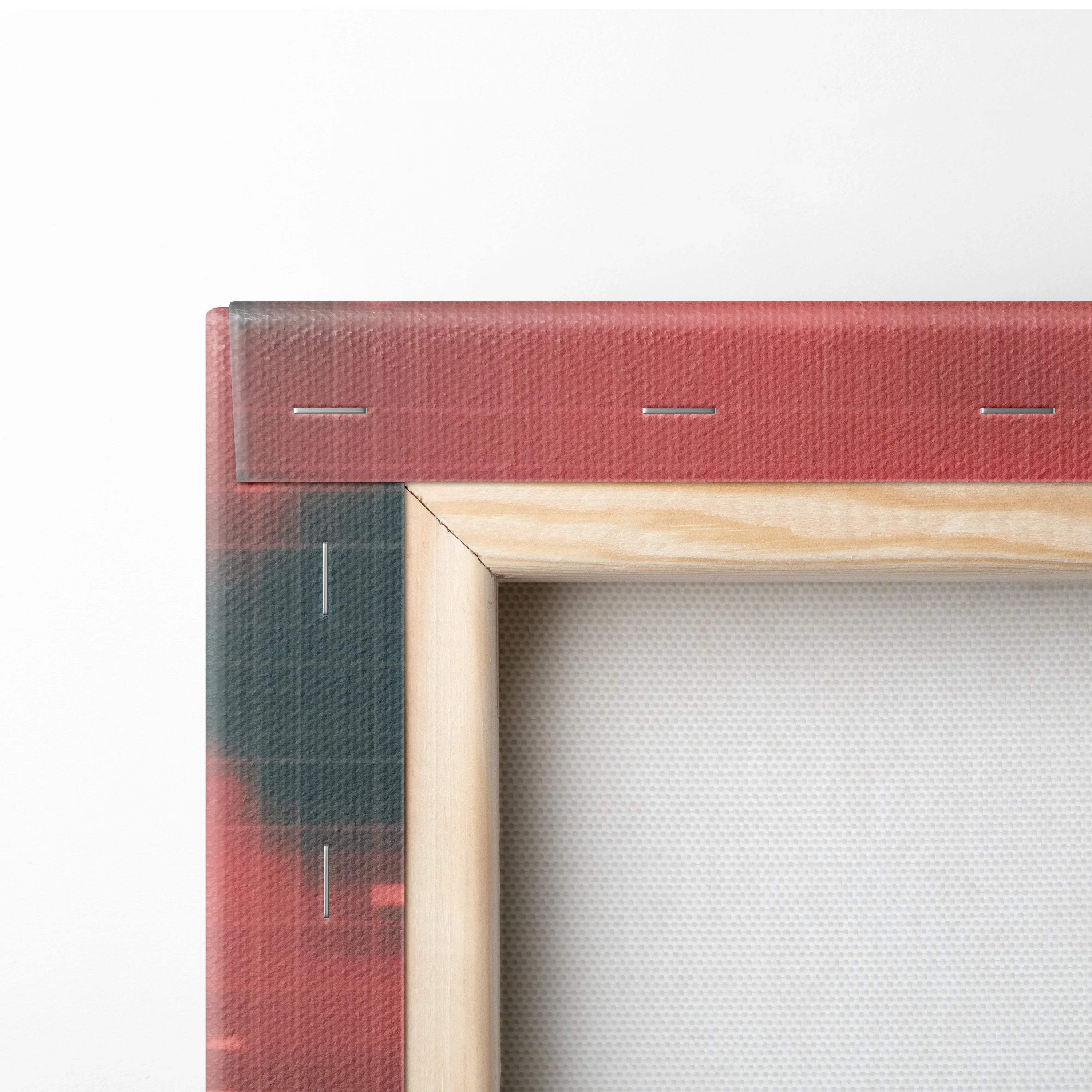 Back of Neon Dusk Synthwave canvas: red with edge stitching, light wood frame