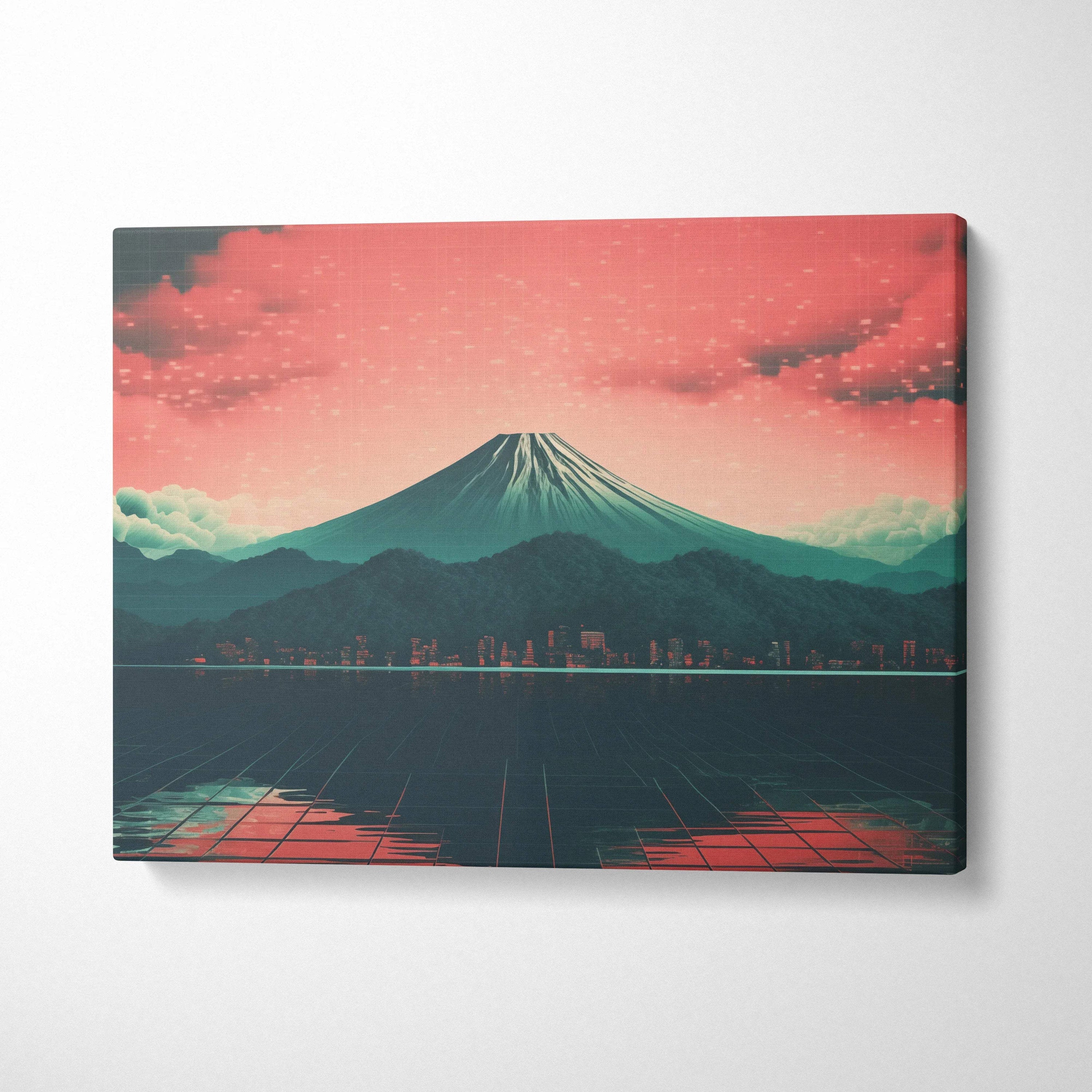 Synthwave Mount Fuji neon dusk canvas print with pink teal sky reflections