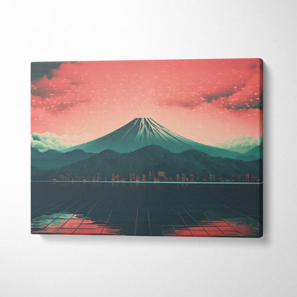 Synthwave Mount Fuji neon dusk canvas print with pink teal sky reflections