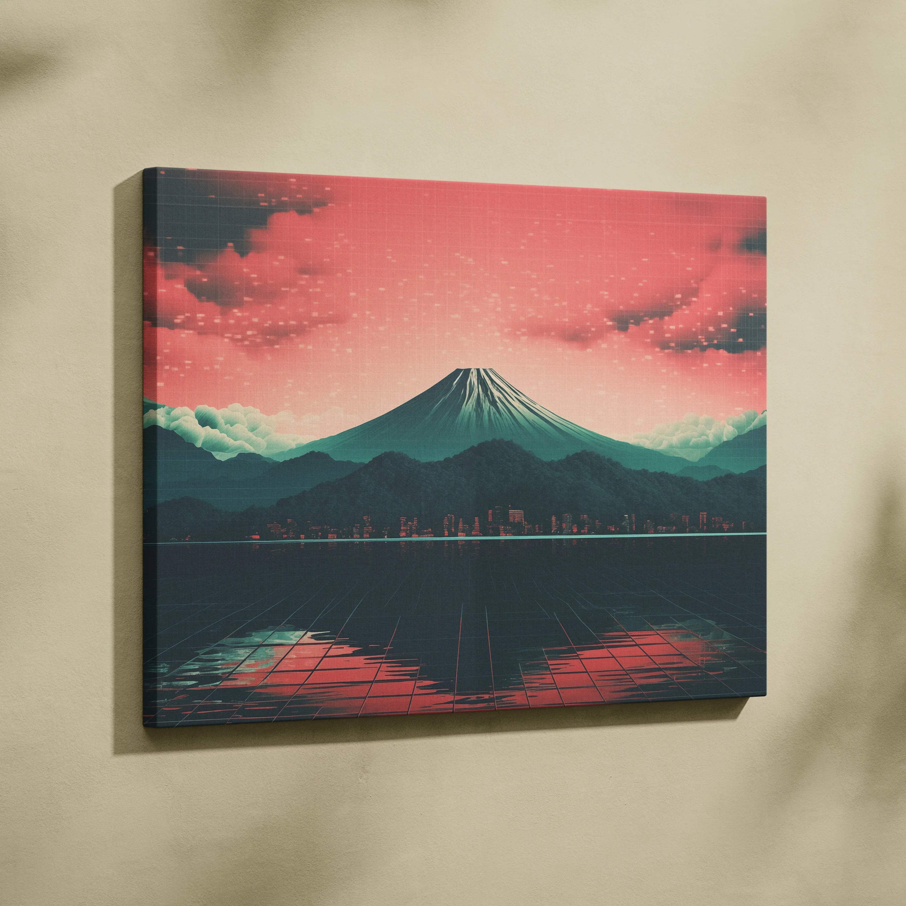 Synthwave canvas of Mount Fuji under neon pink teal sky, glowing metropolis reflections on grid sea
