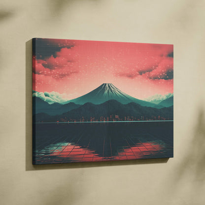 Synthwave canvas of Mount Fuji under neon pink teal sky, glowing metropolis reflections on grid sea