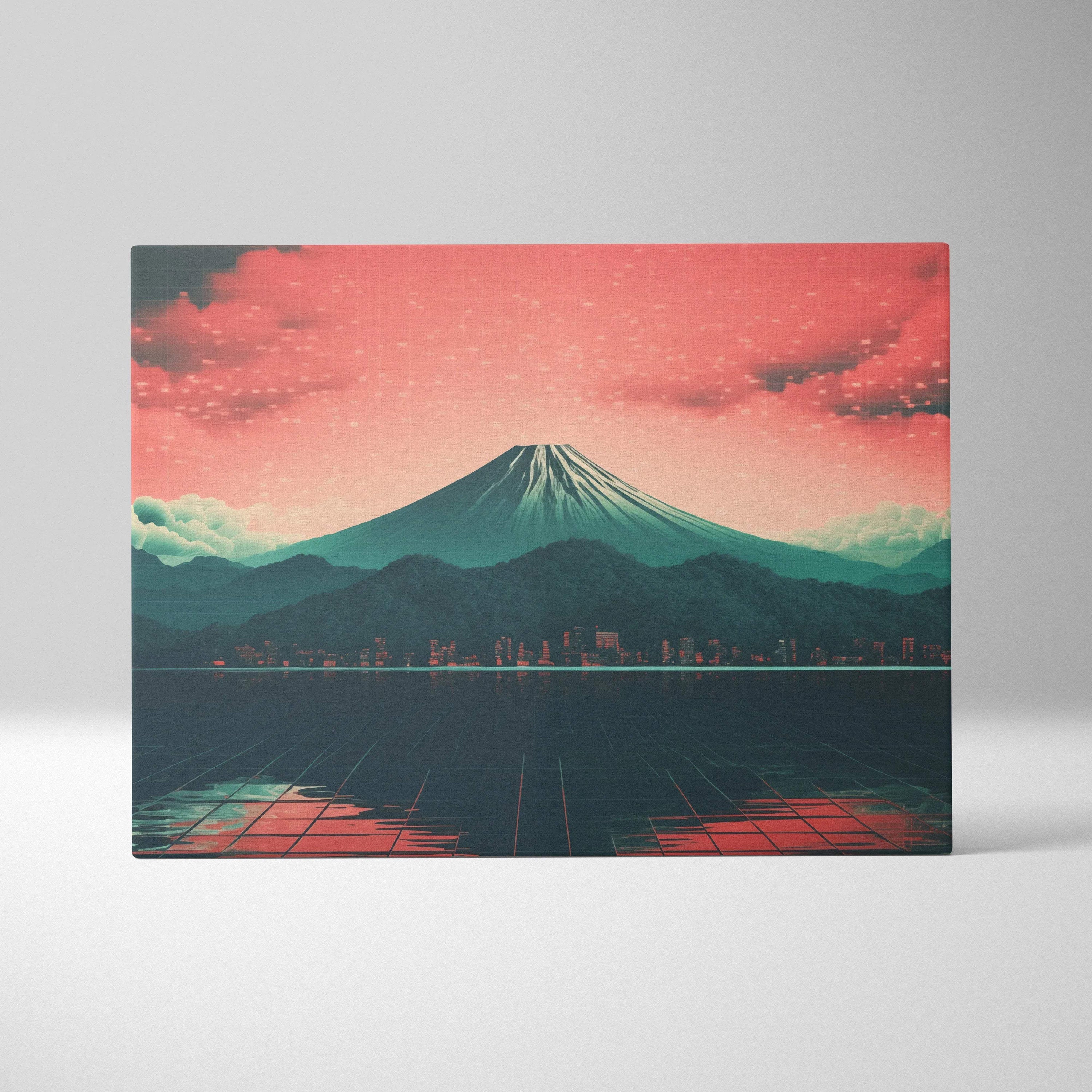 Synthwave canvas of Mount Fuji neon dusk over glowing metropolis reflections