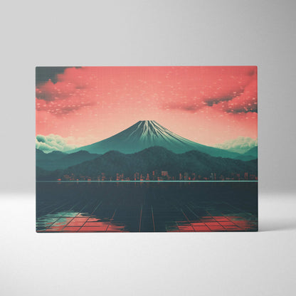 Synthwave canvas of Mount Fuji neon dusk over glowing metropolis reflections