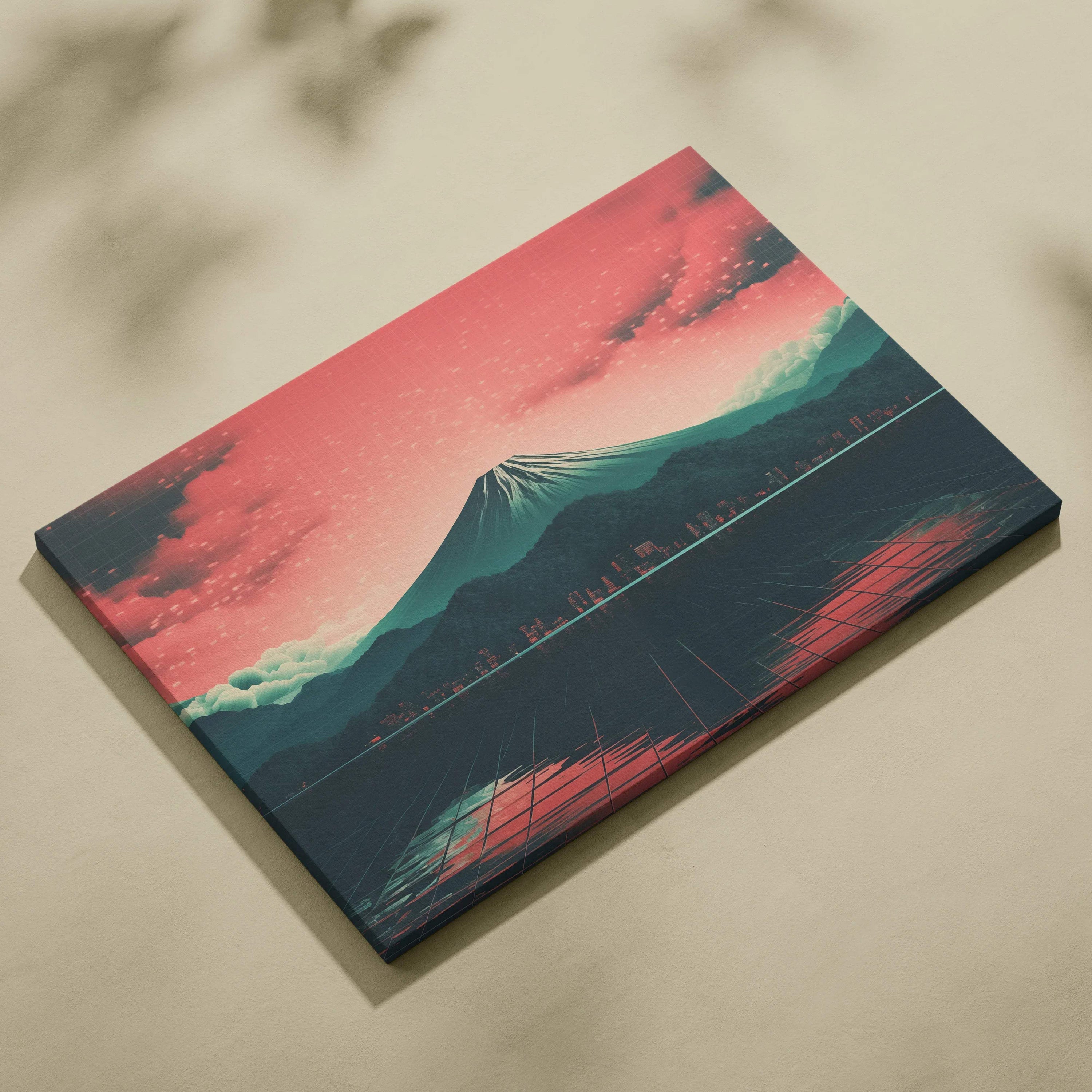 Neon dusk over solitary mountain, glowing metropolis, grid sea reflections, synthwave canvas print