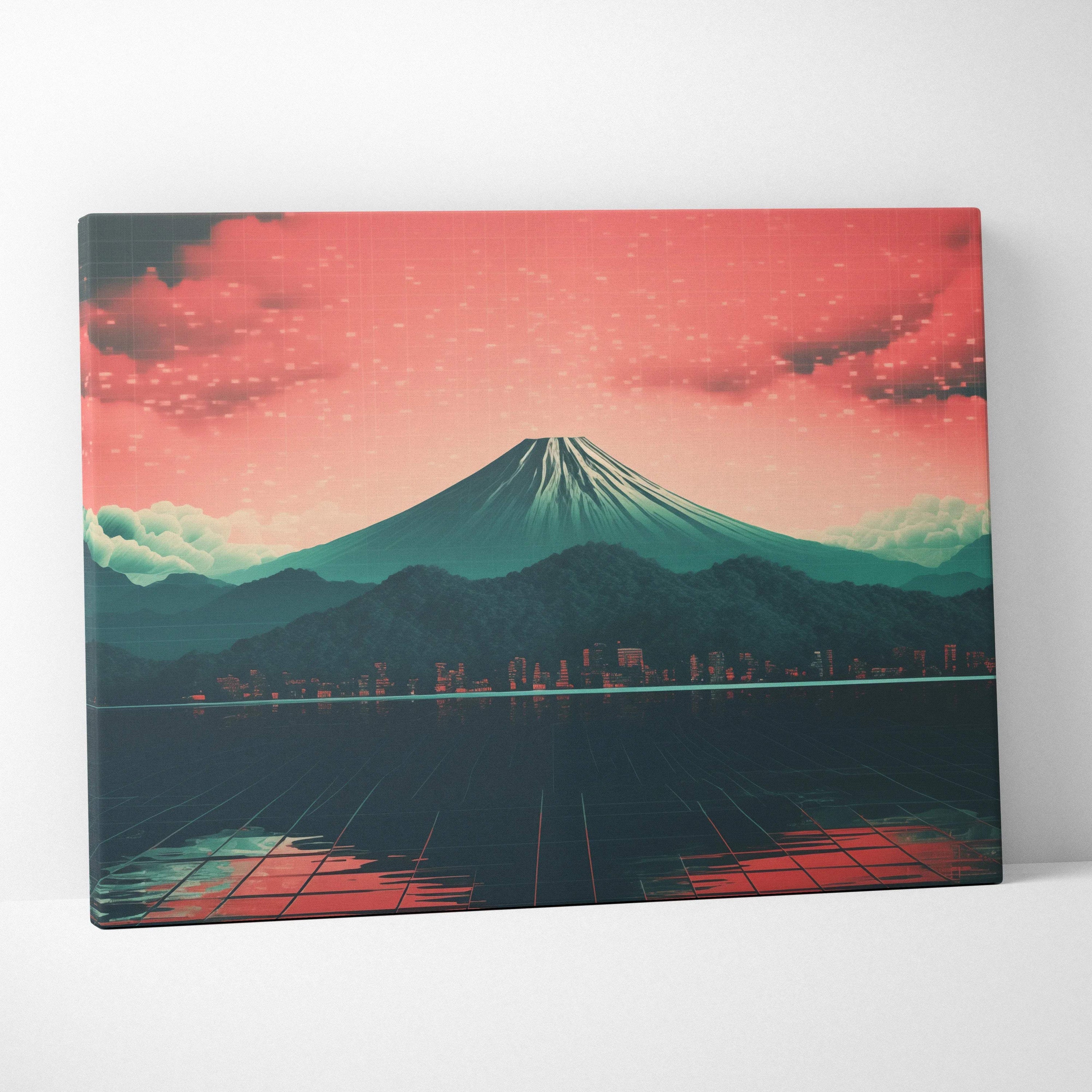 Neon dusk over Mount Fuji, glowing metropolis, synthwave reflections on grid sea canvas