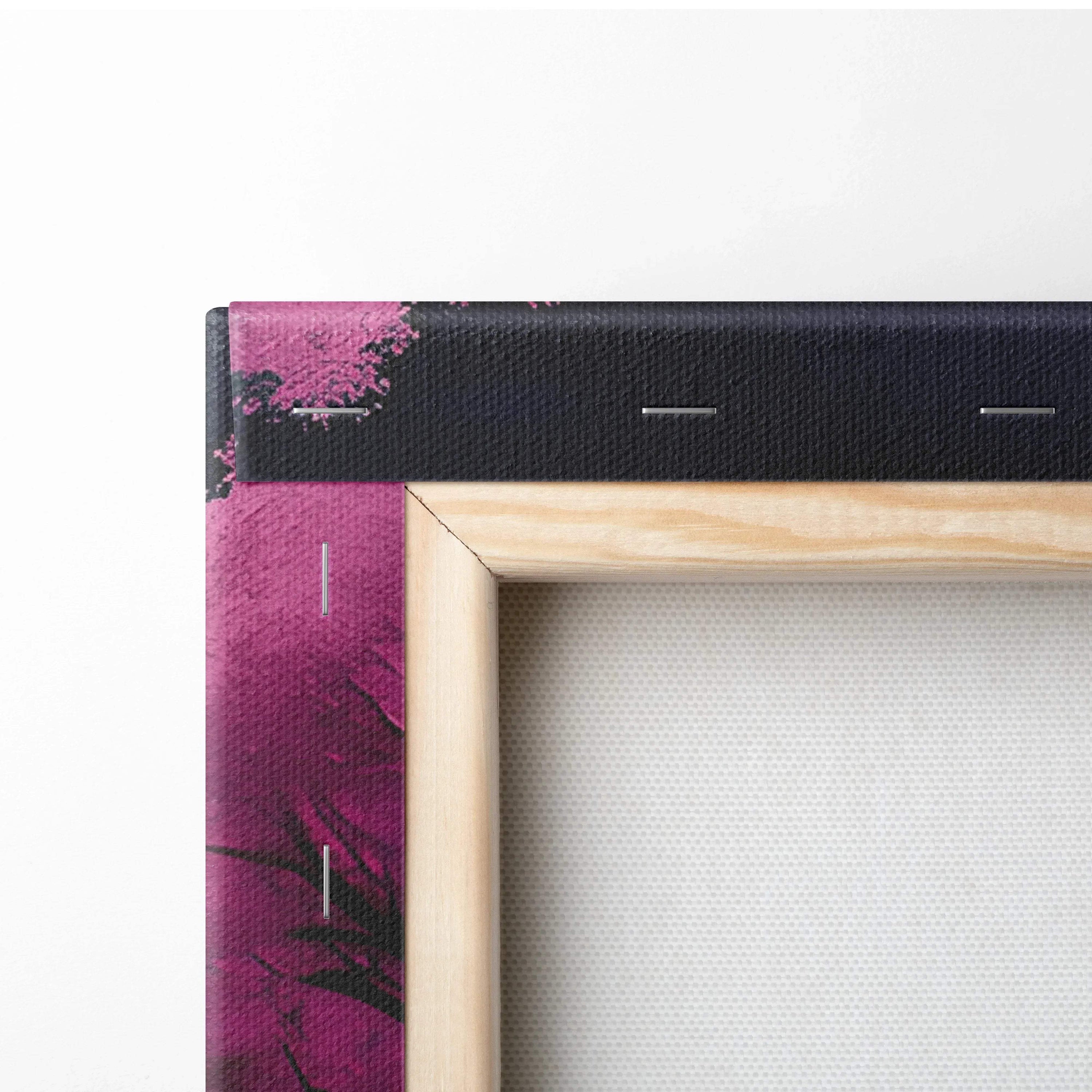Moonlit mountain peak canvas with magenta black floral wooden frame