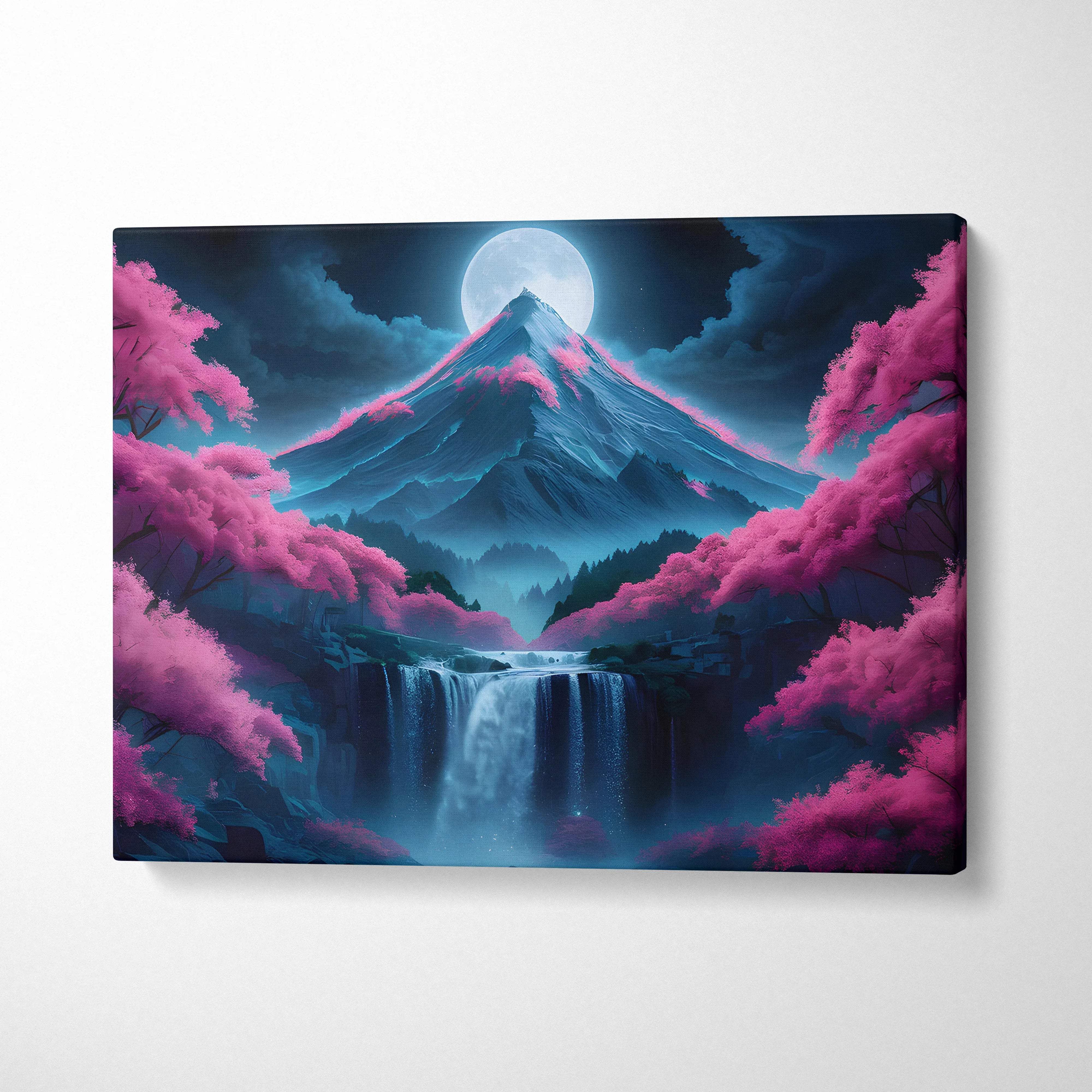 Vibrant neon-pink cherry blossom forest frames glowing moonlit mountain peak with cascading falls canvas art