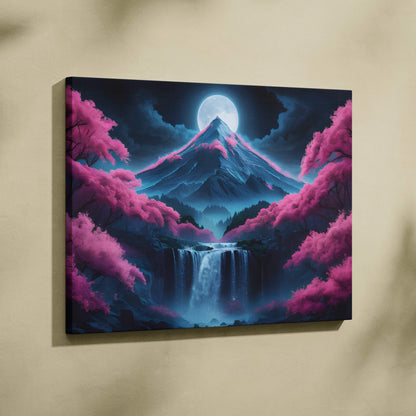 Moonlit mountain peak with pink blossoms, glowing moon, waterfalls canvas art
