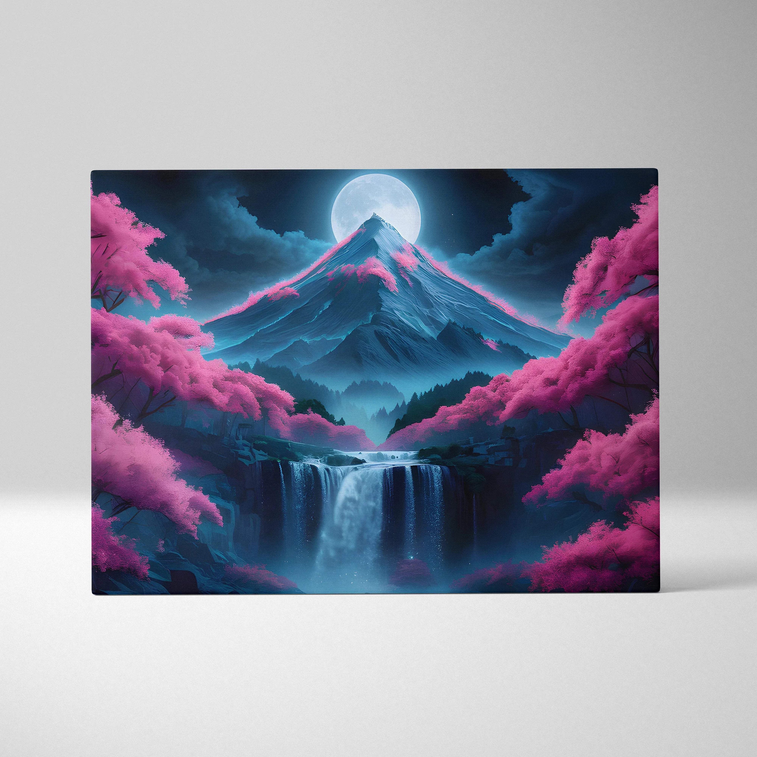 Moonlit mountain peak with cascading falls and pink blossom trees canvas art