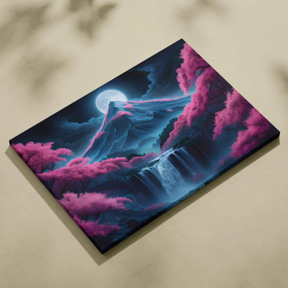 Vibrant neon pink cherry blossoms frame moonlit mountain peak with cascading falls canvas art