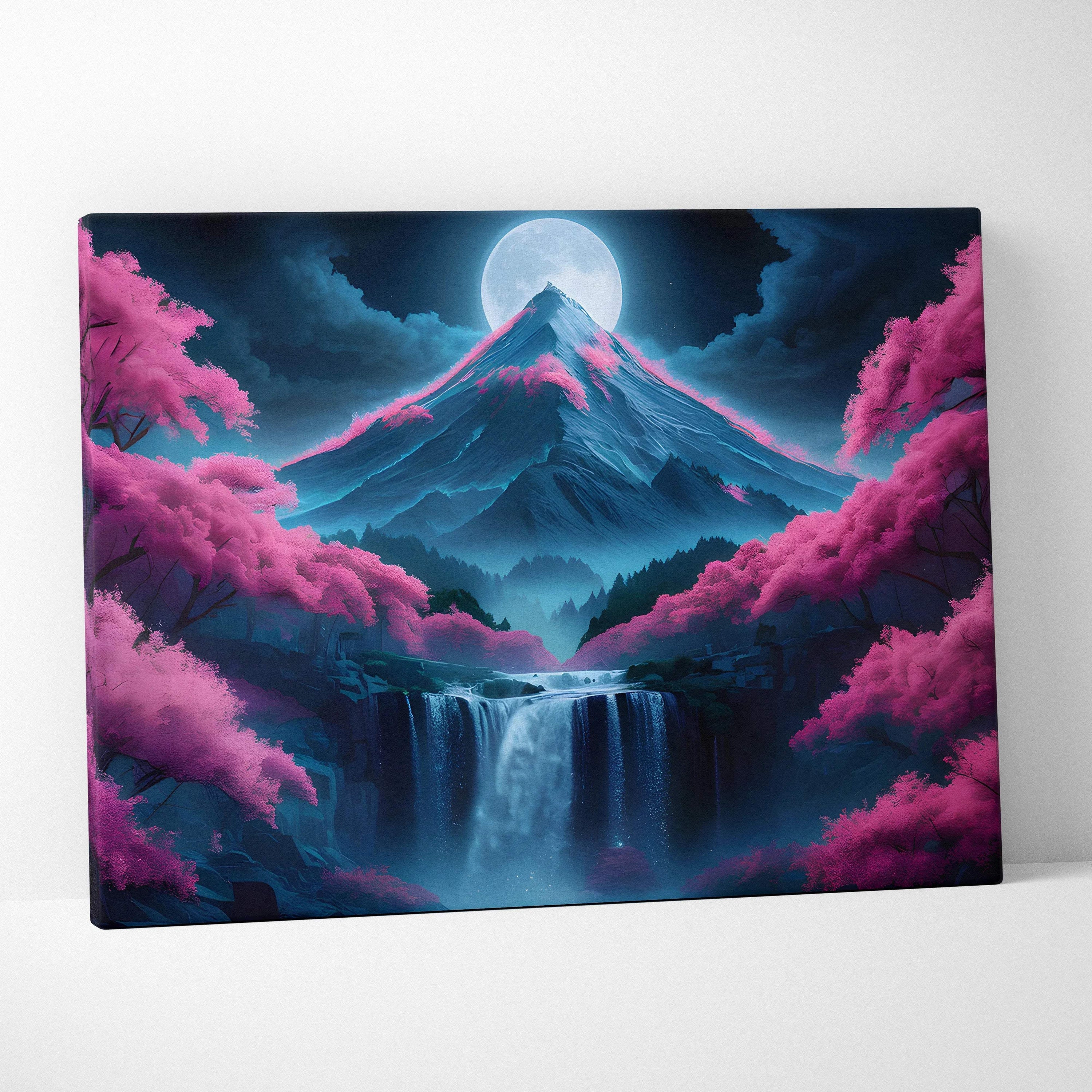Moonlit mountain peak canvas art with pink blossoms, falls, moon