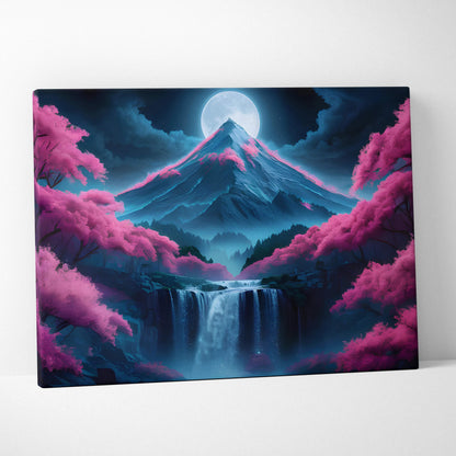 Moonlit mountain peak canvas art with pink blossoms, falls, moon