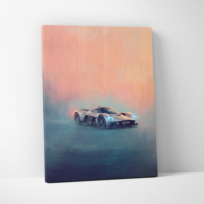 Aston Martin Valkyrie AMR Pro inspired silver sports car wall art with glowing blue headlights on canvas print