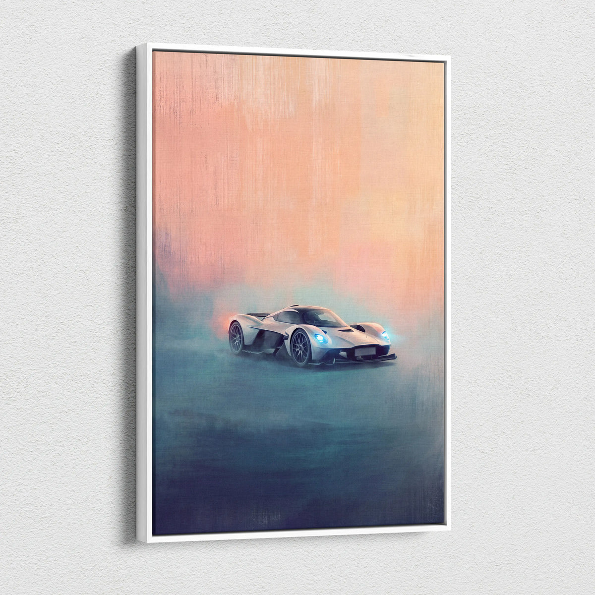 A sleek white aston martin valkyrie amr pro inspired sports car with glowing blue headlights on canvas print