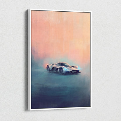 A sleek white aston martin valkyrie amr pro inspired sports car with glowing blue headlights on canvas print