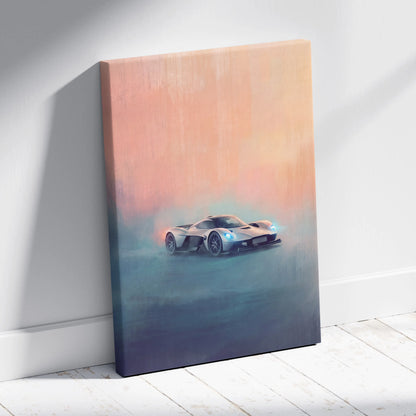 A sleek silver aston martin valkyrie amr pro inspired sports car with glowing blue headlights on canvas wall art with gradient sky background