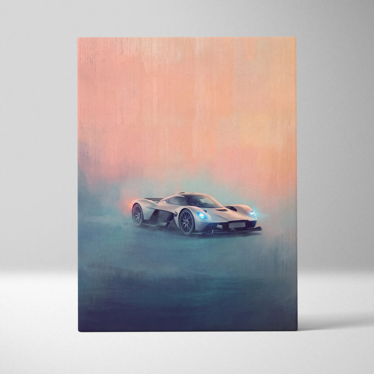 Aston Martin Valkyrie AMR Pro inspired silver sports car wall art with glowing blue headlights on canvas print