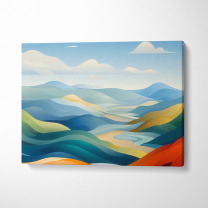 Dreamlike soft layered hills landscape with winding river canvas print