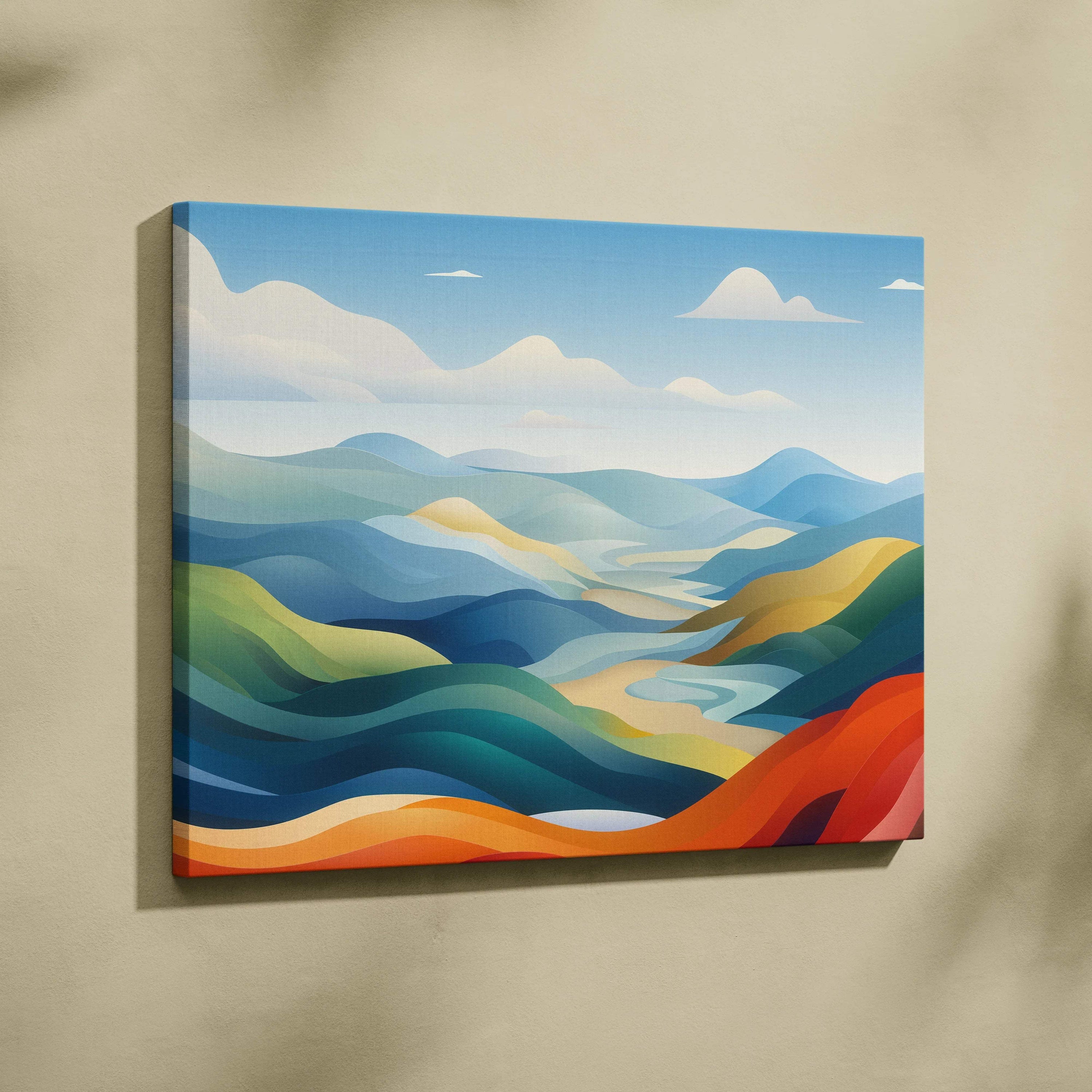 Dreamlike layered hills landscape canvas with winding river in blues and warm tones
