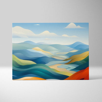 Dreamlike soft layered hills landscape with winding river canvas print