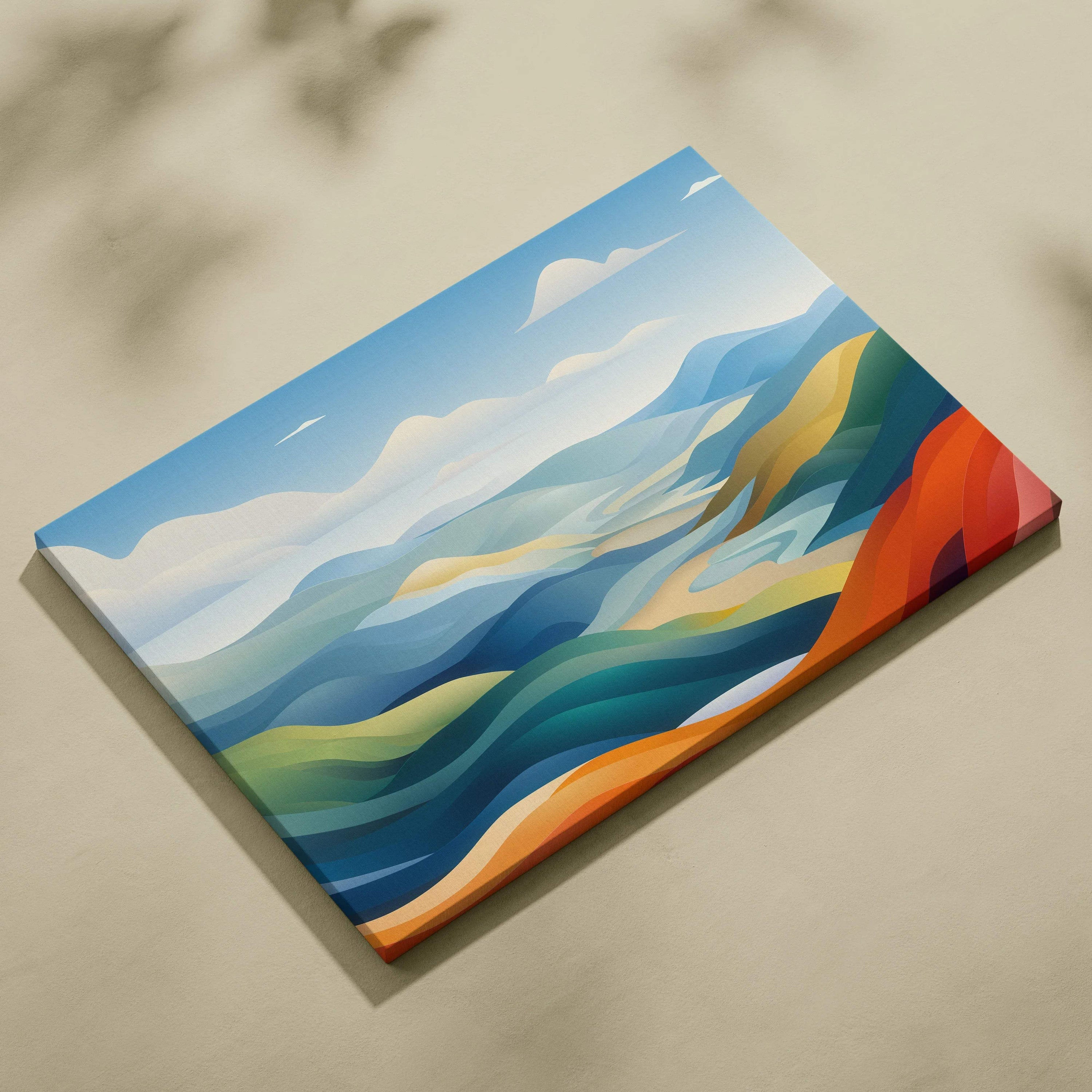 Dreamlike layered hills landscape canvas with river in blues and earth tones