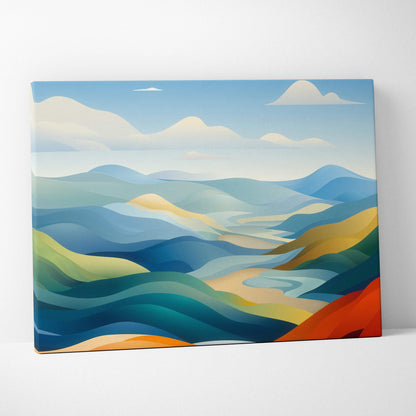 Dreamlike soft layered hills landscape canvas with winding river in calm blues and warm earth tones