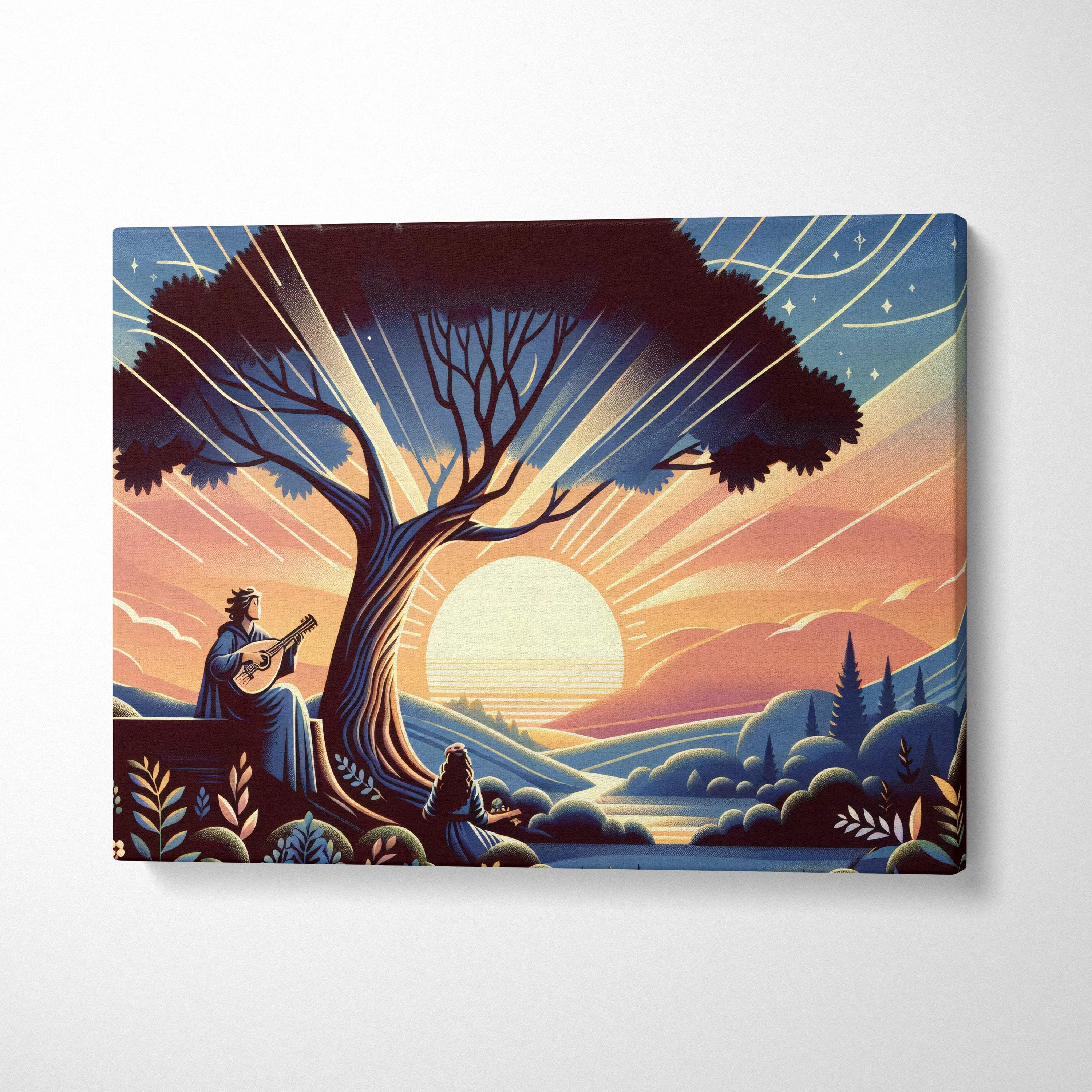 Dreamlike Sunset Guitarist under glowing tree canvas wall art with radiant sunlight