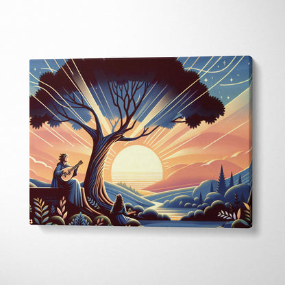 Dreamlike Sunset Guitarist under glowing tree canvas wall art with radiant sunlight
