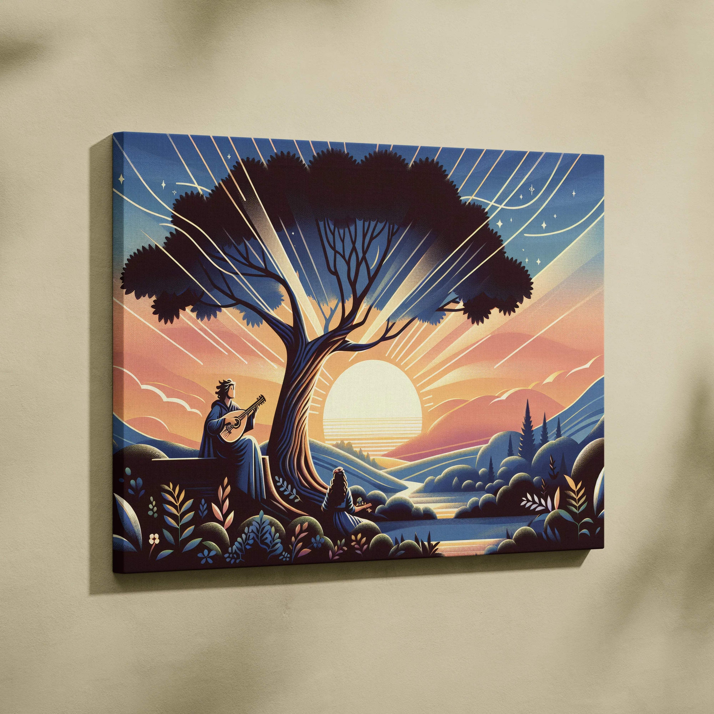 Dreamlike Sunset Guitarist Under Glowing Tree Canvas Wall Art