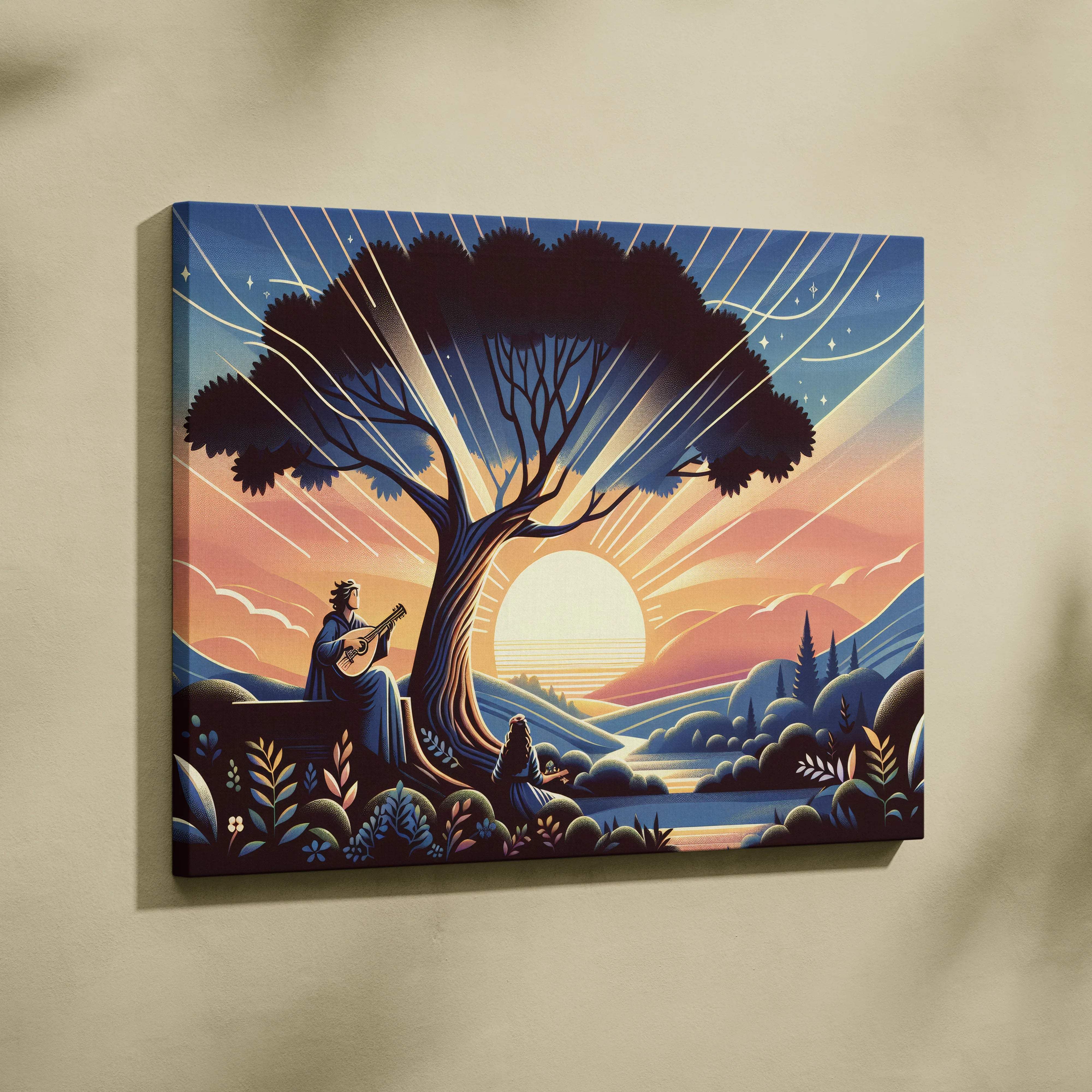 Dreamlike Sunset Guitarist Under Glowing Tree Canvas Wall Art