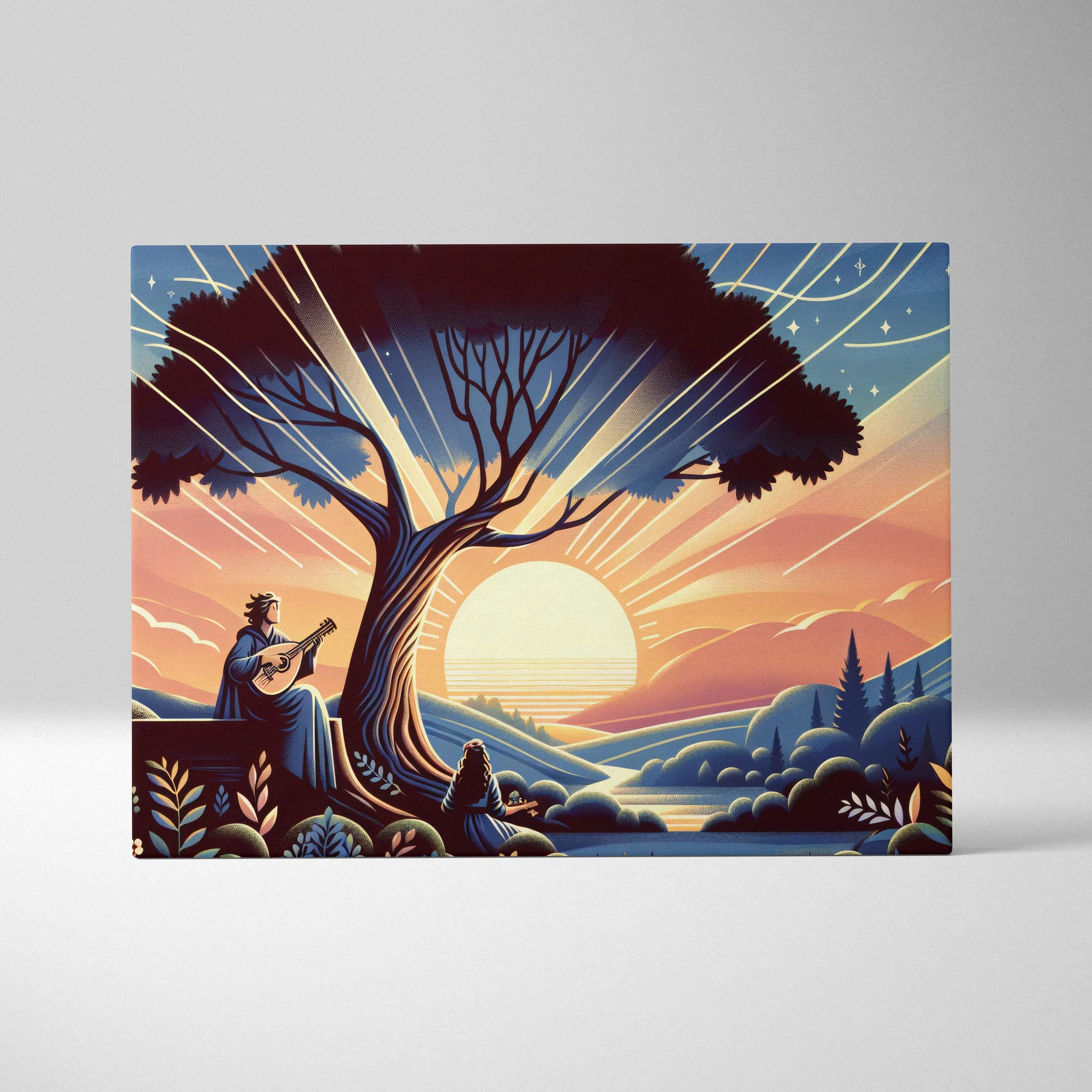 Dreamlike Sunset Guitarist Under Glowing Tree Canvas Wall Art