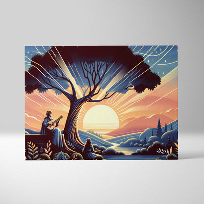 Dreamlike Sunset Guitarist Under Glowing Tree Canvas Wall Art