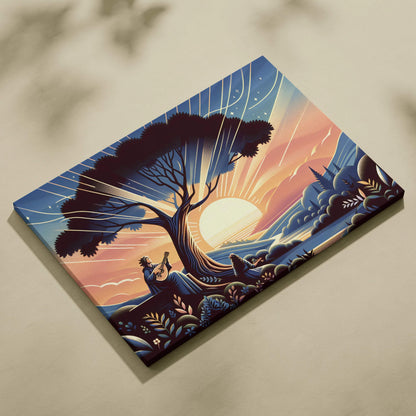 Dreamlike sunset guitarist under glowing tree canvas wall art
