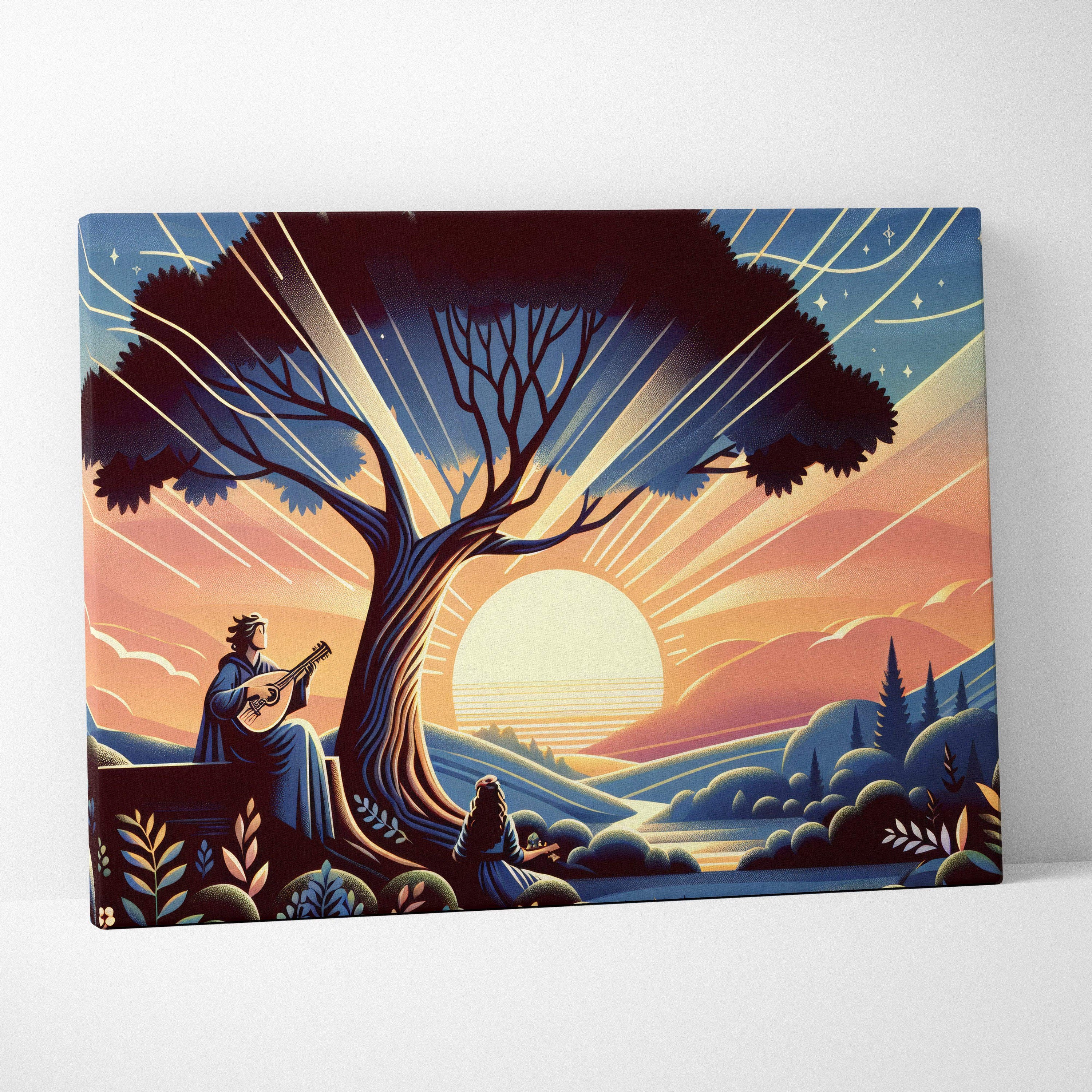 Dreamlike sunset guitarist under glowing tree canvas wall art